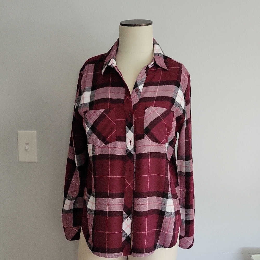 a.n.a Red and Black Long Sleeve Button Down Shirt